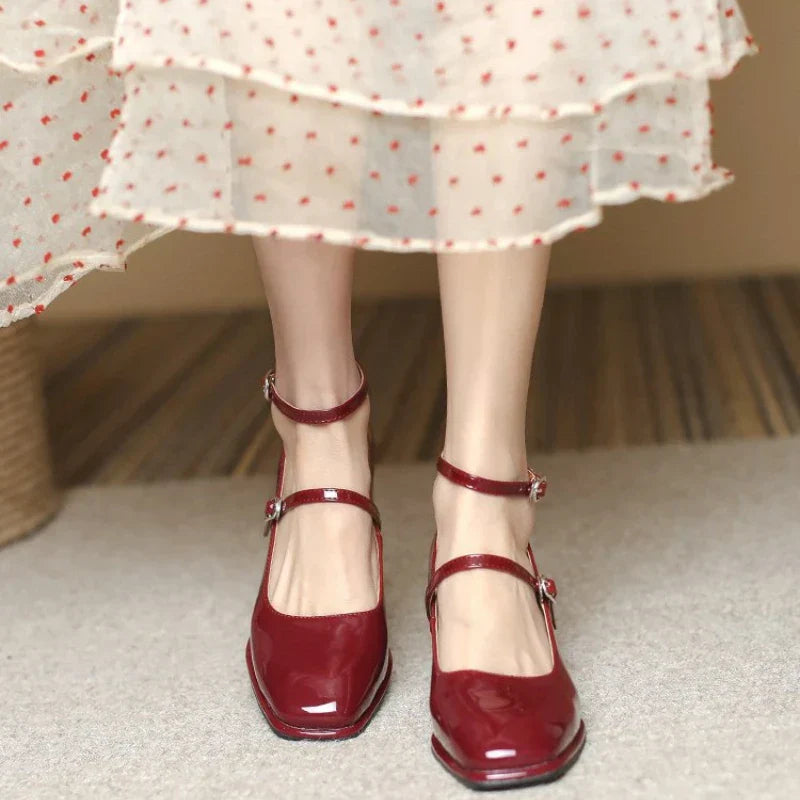 Women's Square-Toe Ankle Strap Mary Jane Pumps — close-up
