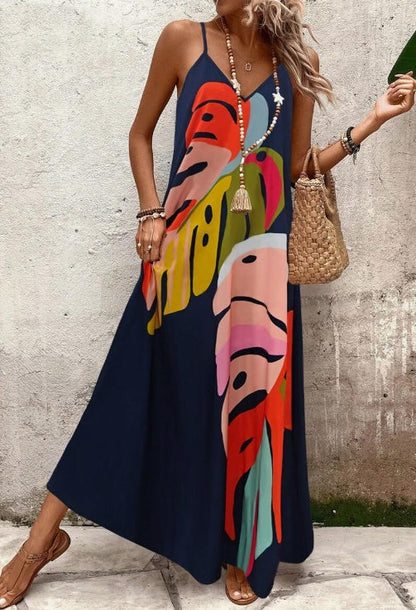 Women's Leaf Print Summer Maxi Dress — detail view