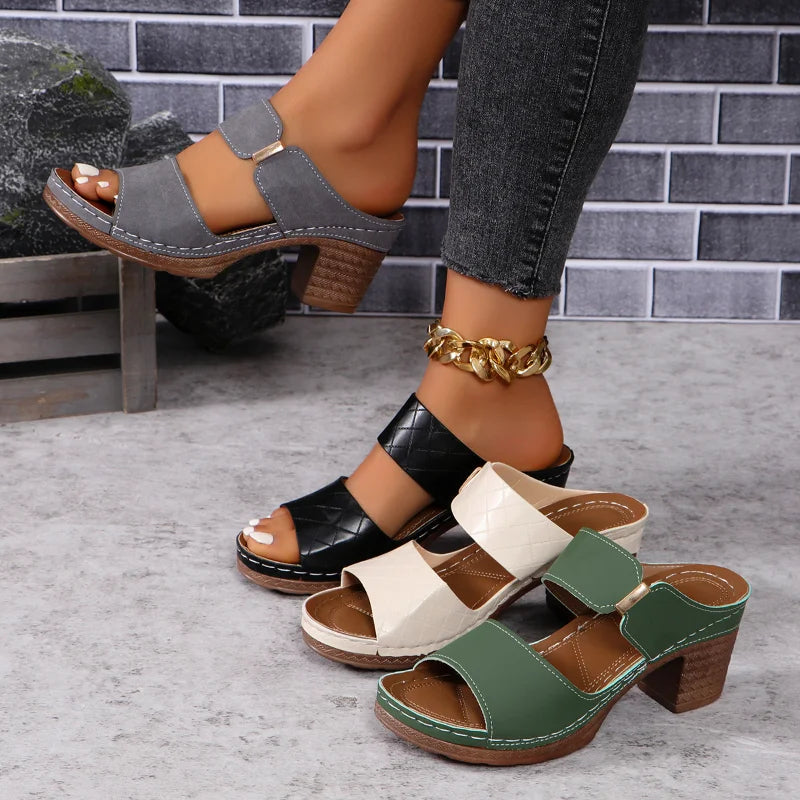 Women's Arch Support Block Heel Flat Sandals — front view