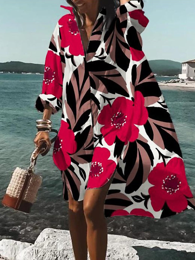 Women's floral print shirt midi dress with red flowers and geometric leaves — front three-quarter view