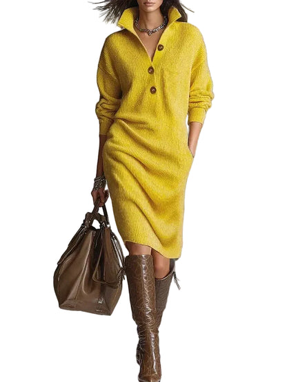 Yellow ribbed knit midi dress with collar and button details — front view