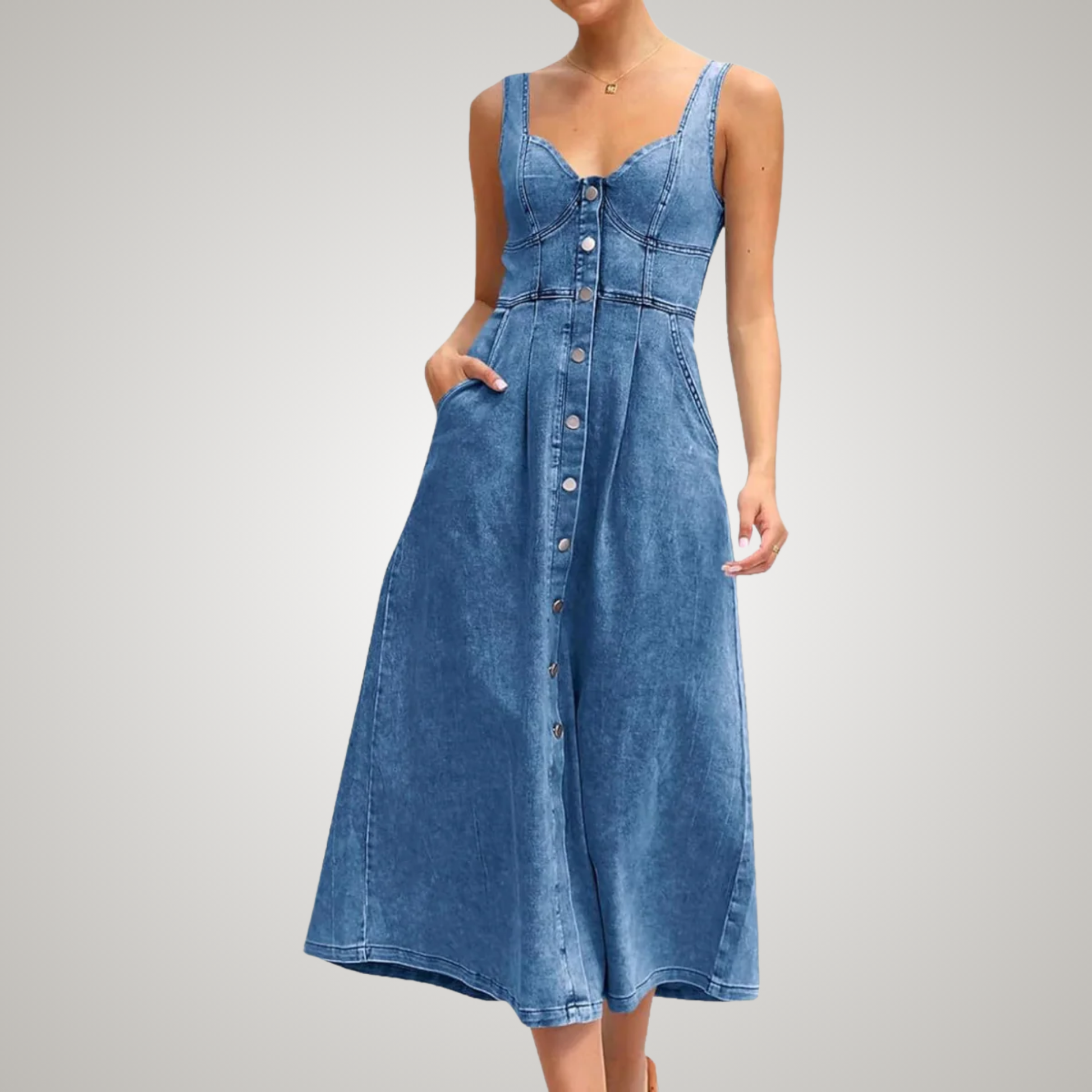 Women's Sleeveless Denim Casual Midi Dress — close-up