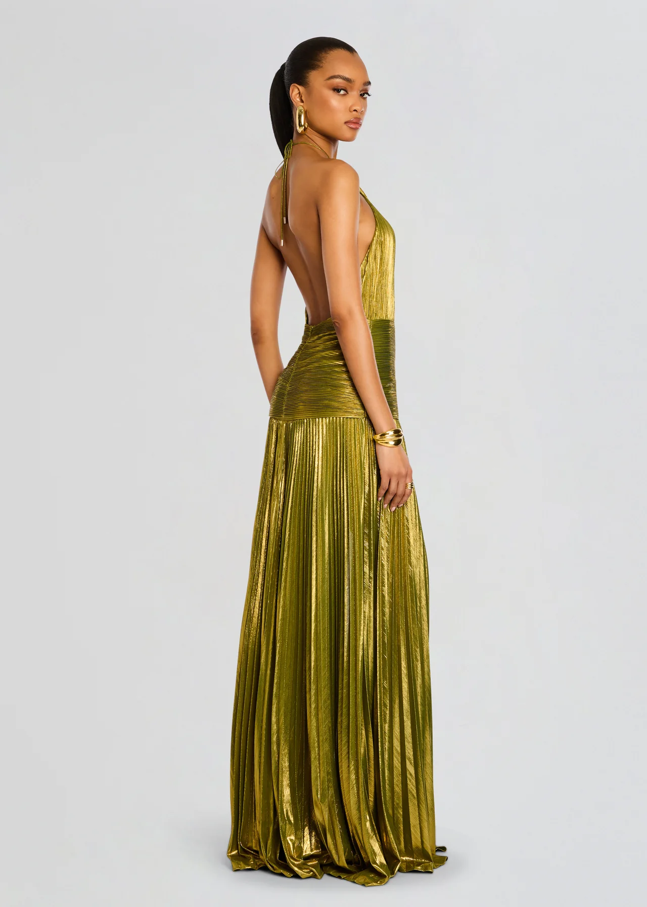 Halter Neck Metallic Pleated Maxi Dress for Women