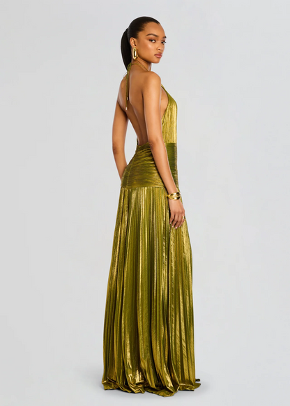 Halter Neck Metallic Pleated Maxi Dress for Women