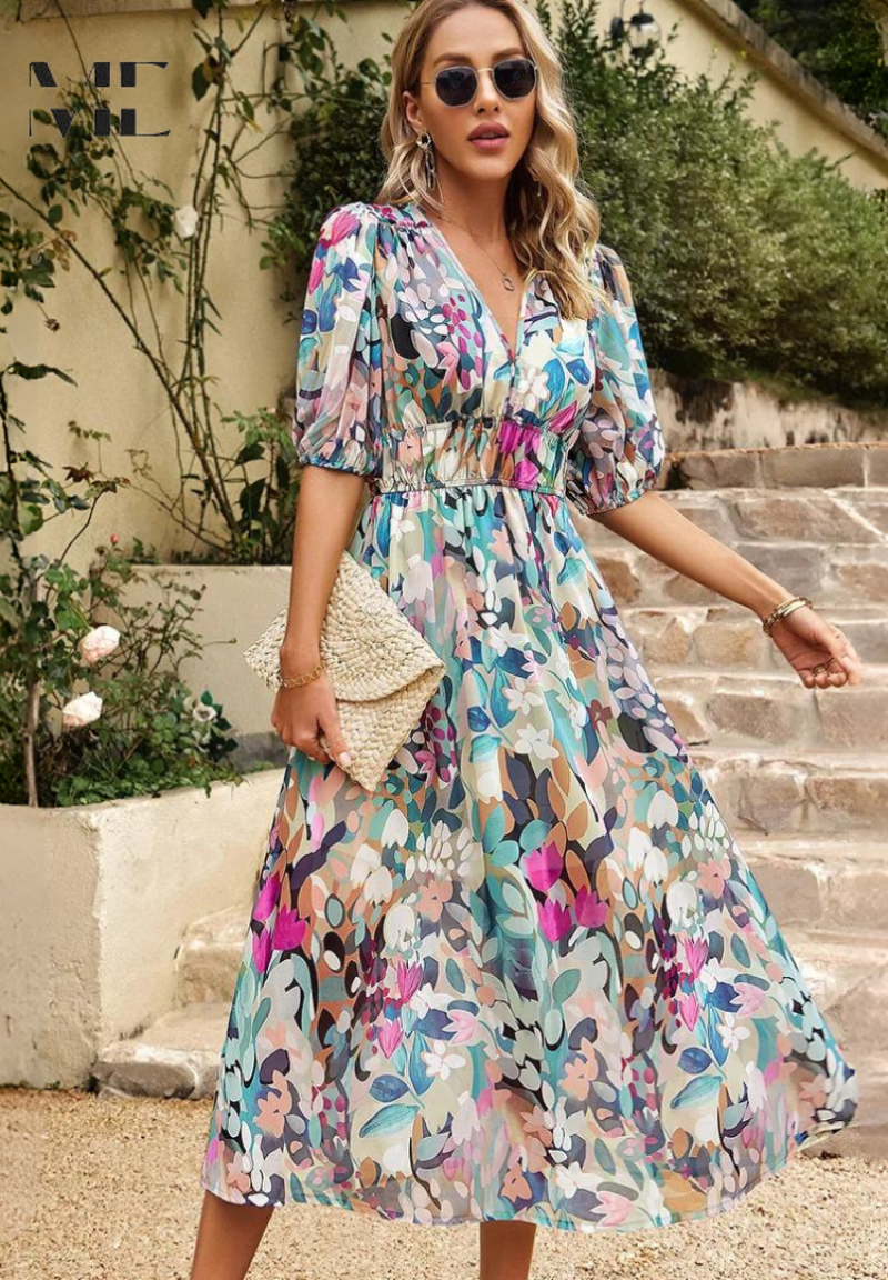 Women's Floral Print Casual Midi Dress — side view