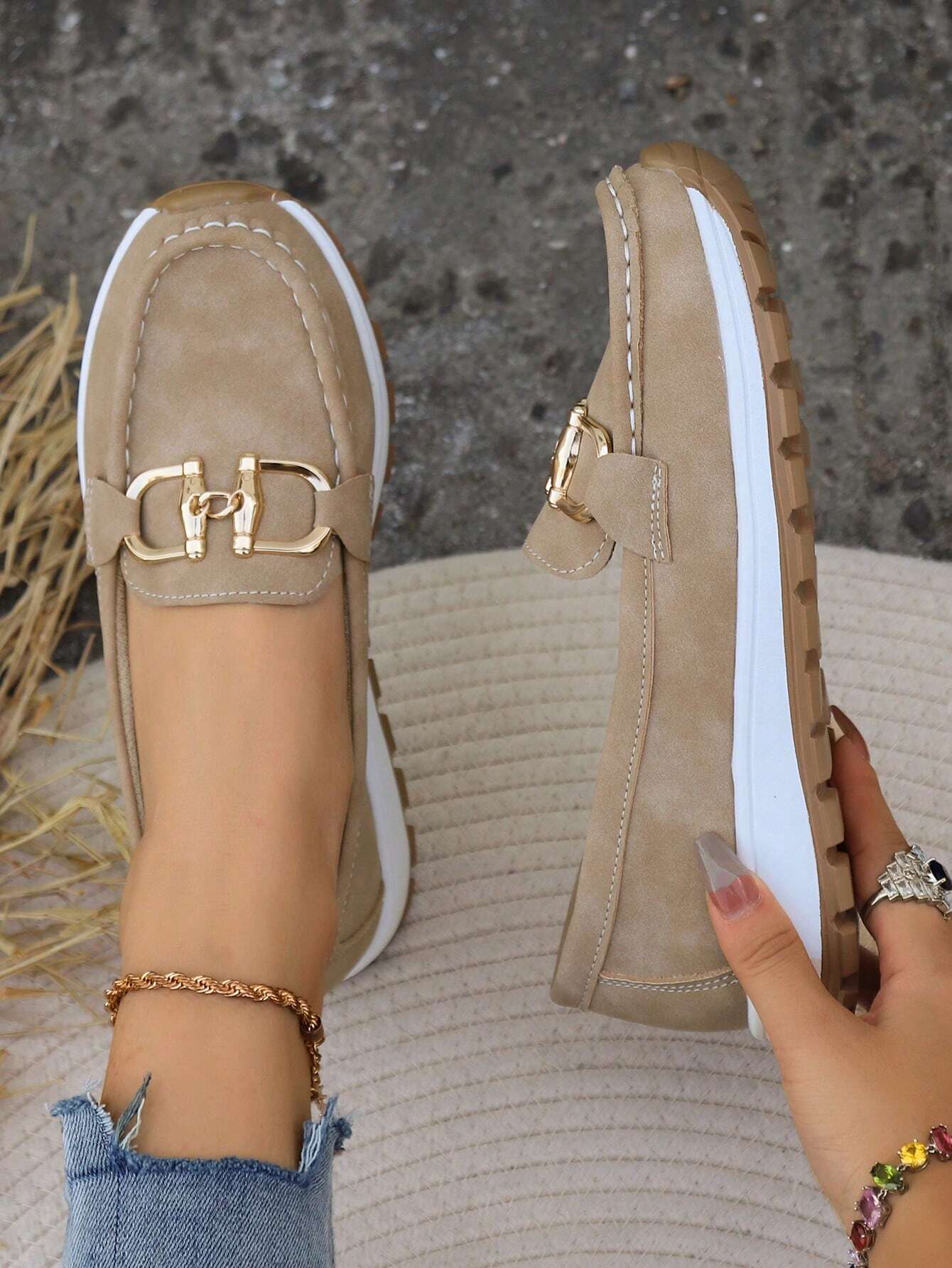 Women's Gold Buckle Comfort Loafers — close-up