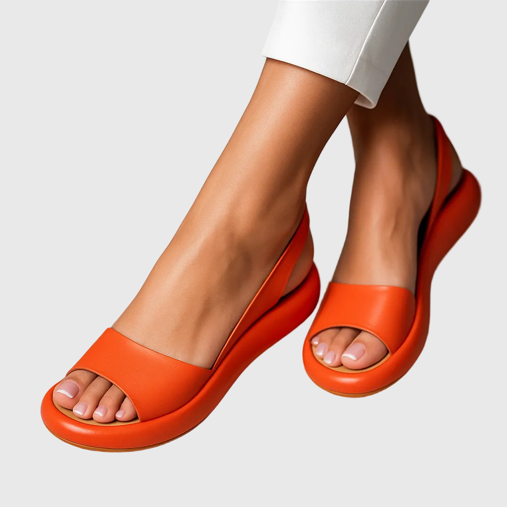 Orange open-toe slip-on flat sandals with wide strap and curved sole — side angle view