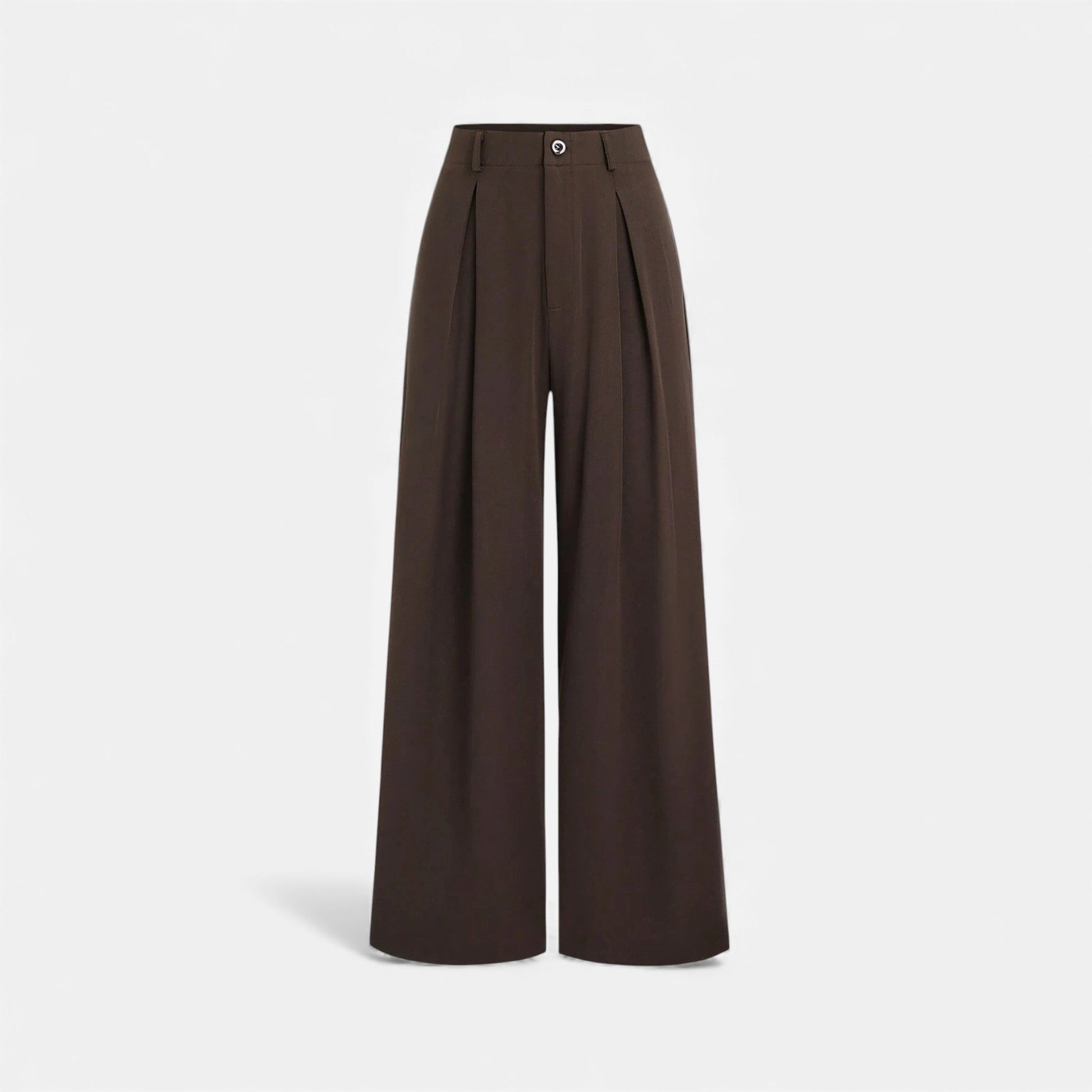 Wide-leg pleated trousers in dark brown with high waist and front button — front view