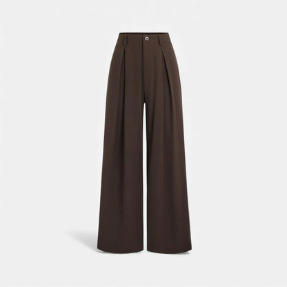 Wide-leg pleated trousers in dark brown with high waist and front button — front view