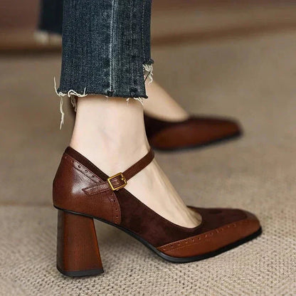 Women's Square Toe Block Heel Pumps Ankle Strap — front view