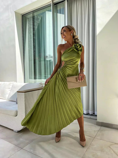One-Shoulder Pleated Midi Dress for Women