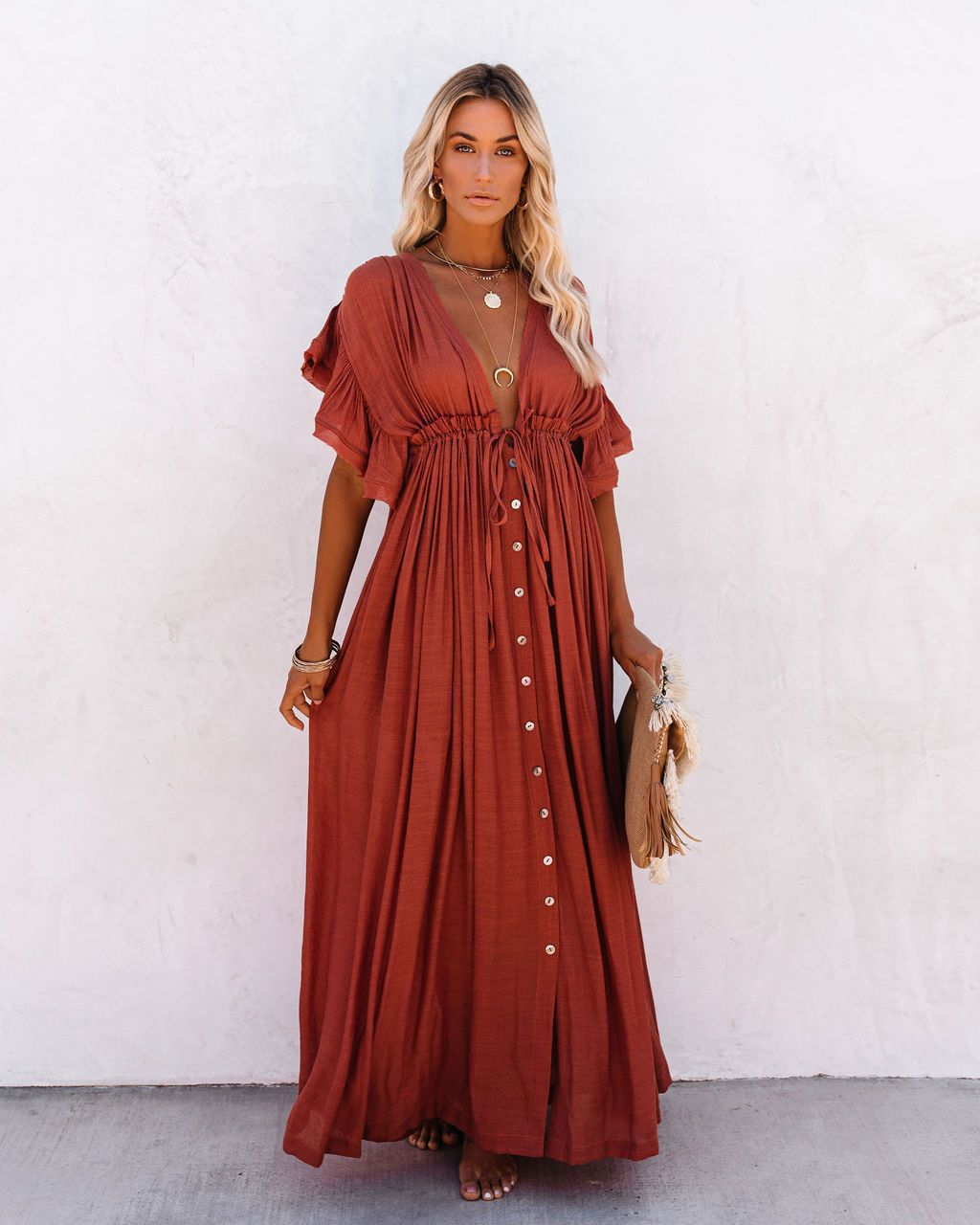 Button-Front Maxi Dress with Tie Waist for Women — side view