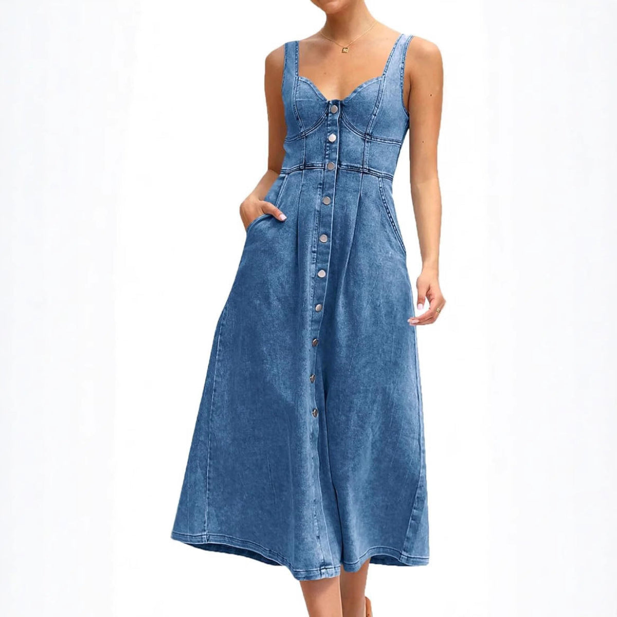 Women's Sleeveless Denim Casual Midi Dress — product view