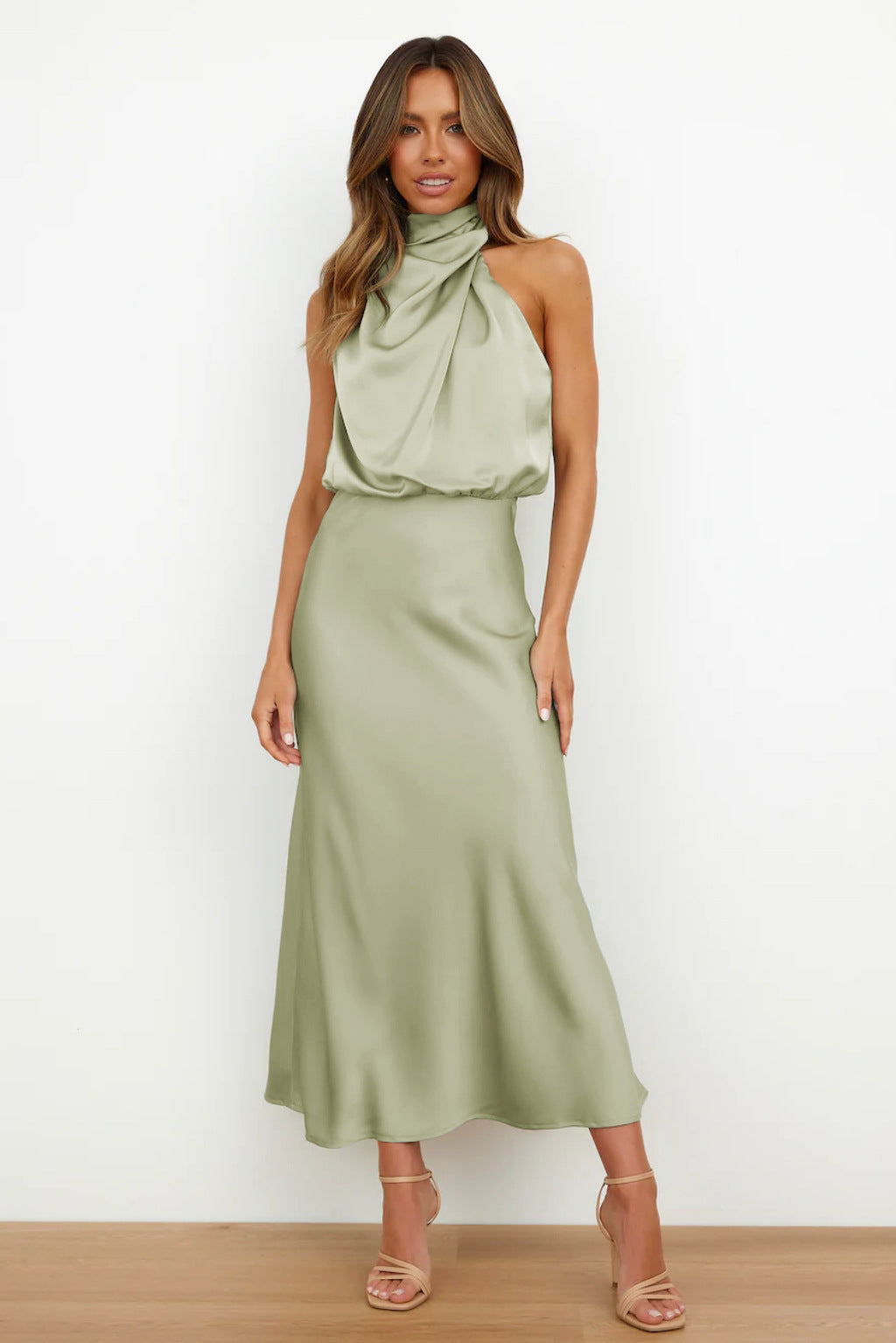 Women's Satin Halter Evening Maxi Dress — front view