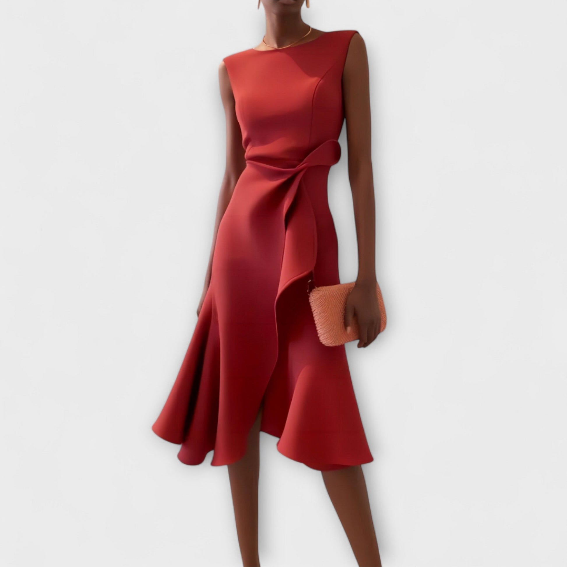 Red asymmetric sleeveless midi dress with dramatic side ruffle drape — front view