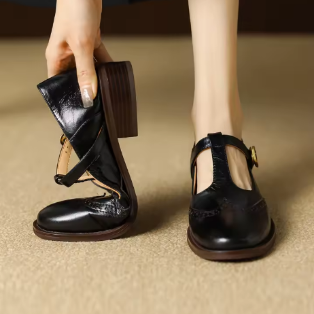 Women's Leather Brogue T-Strap Mary Janes — detail view