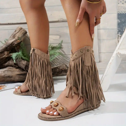 Women's Fringe Ankle Boots with Zipper — front view
