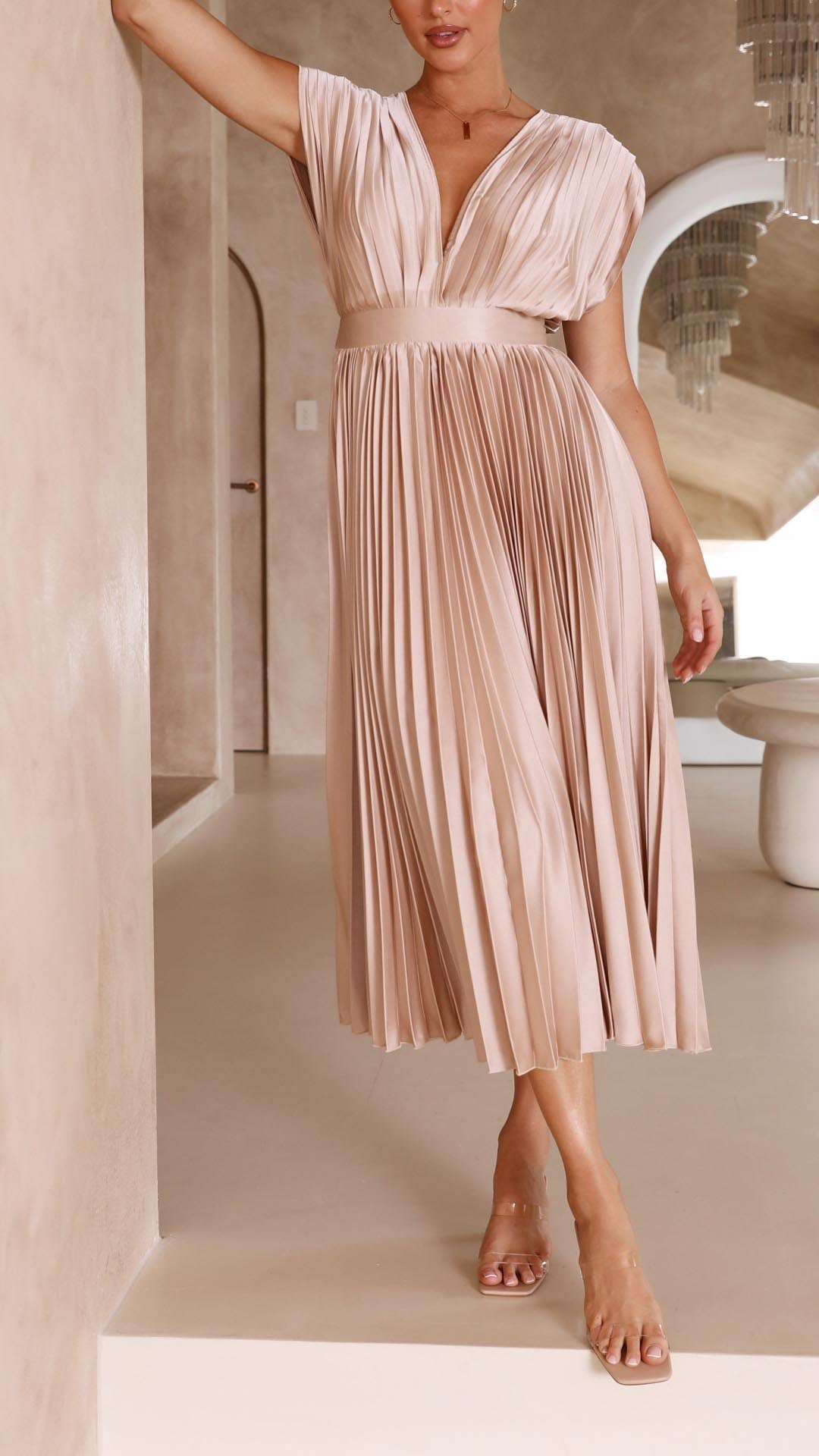 Women's Pleated Formal Evening Maxi Dress — side view