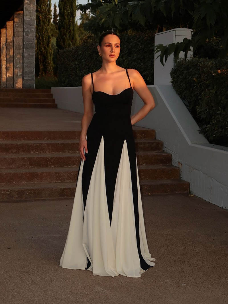Women's Black and White Evening Maxi Dress — detail view