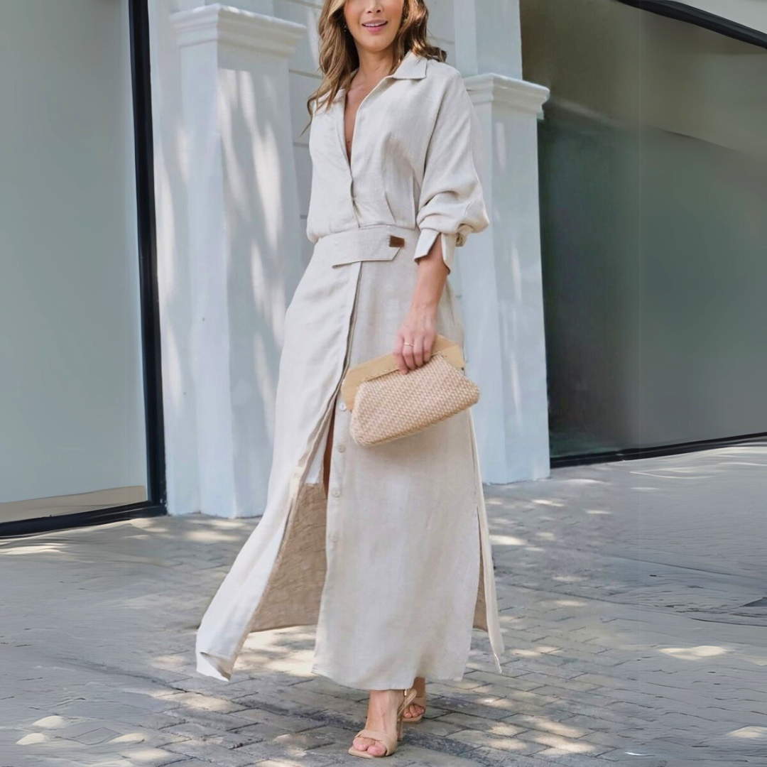 Women's beige linen V-neck maxi shirt dress with belt and button front — full body front view