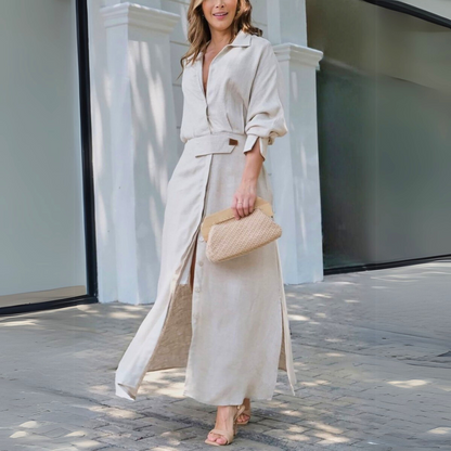 Women's beige linen V-neck maxi shirt dress with belt and button front — full body front view