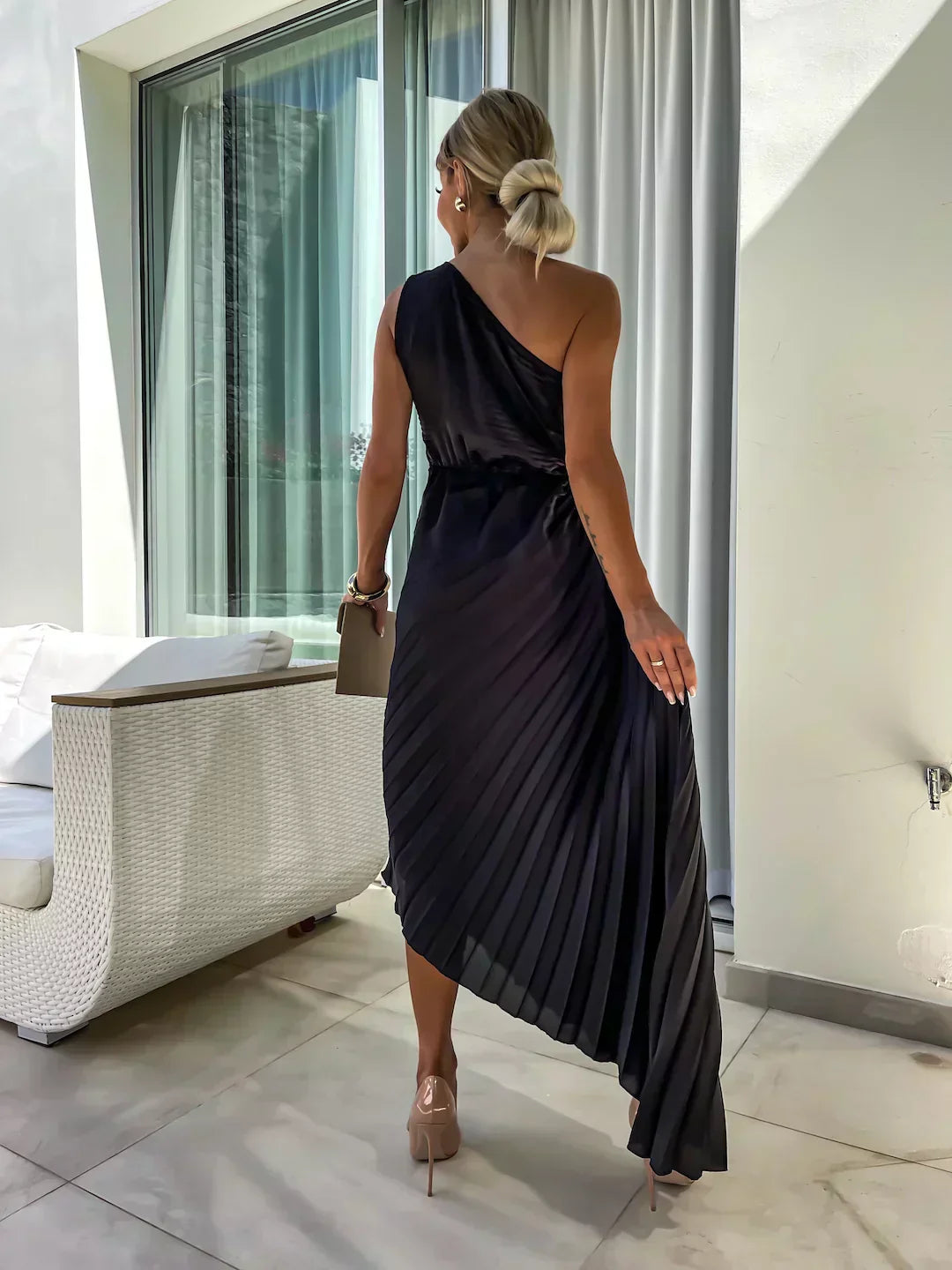 One-Shoulder Pleated Midi Dress for Women