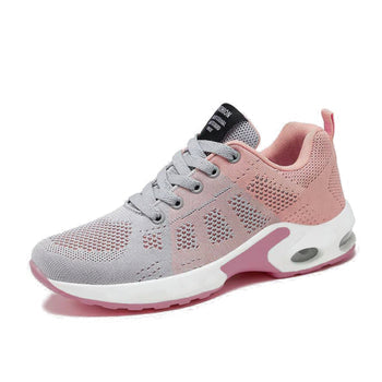 Women's pink and grey mesh athletic sneakers with air cushion sole — side view