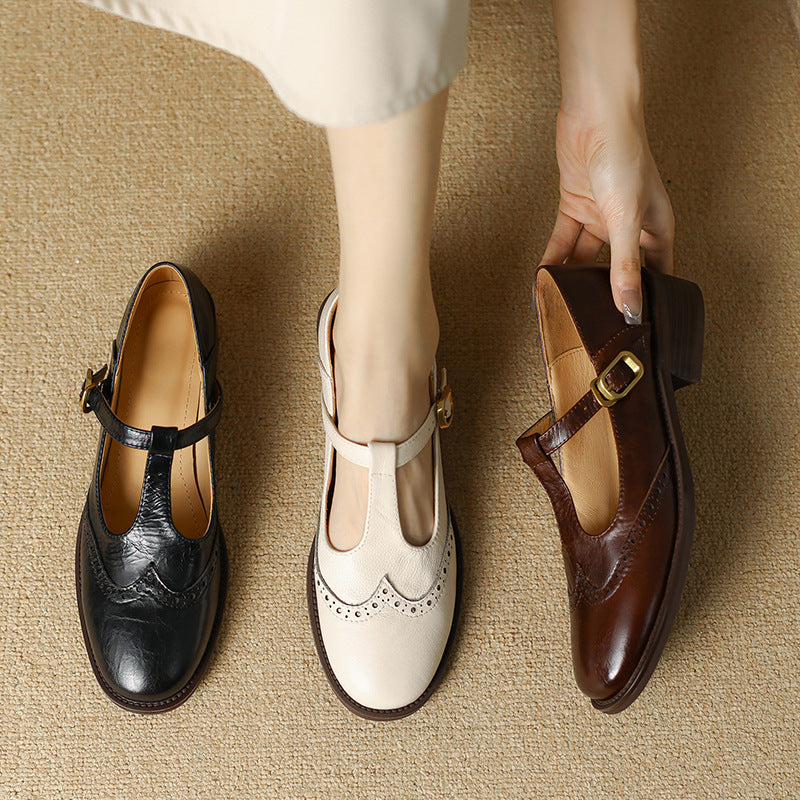 Women's Leather Brogue T-Strap Mary Janes — close-up