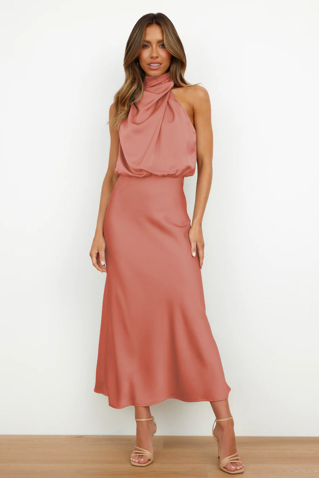 Women's Satin Halter Evening Maxi Dress — front view