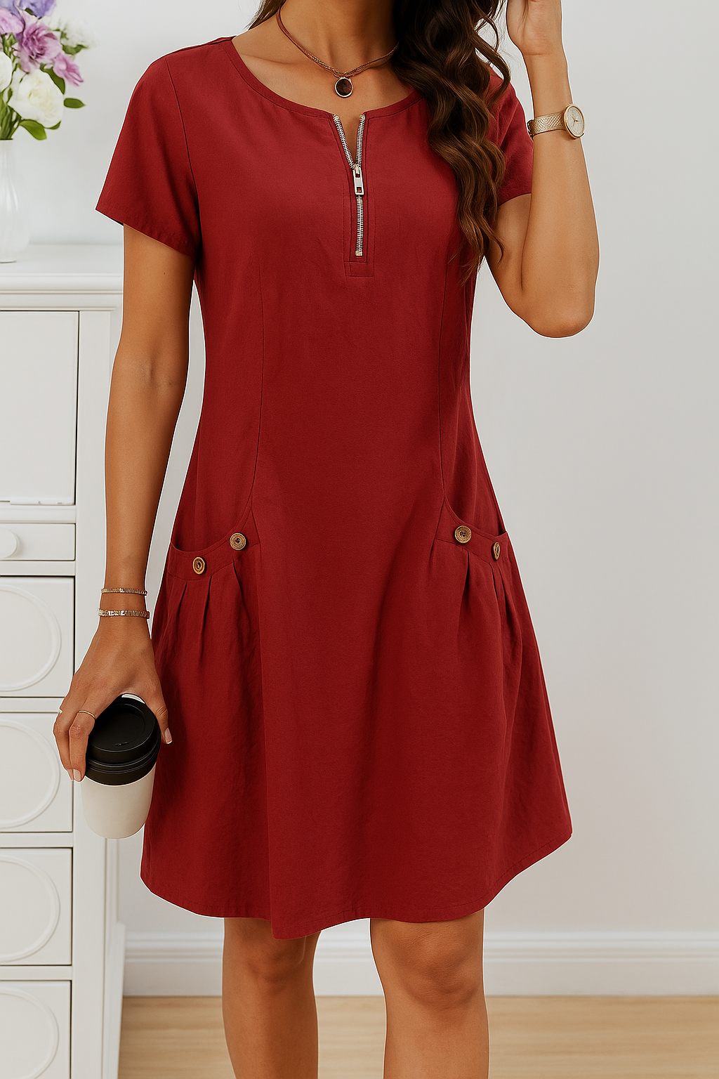 Short Sleeve Zip Front Linen Dress for Women