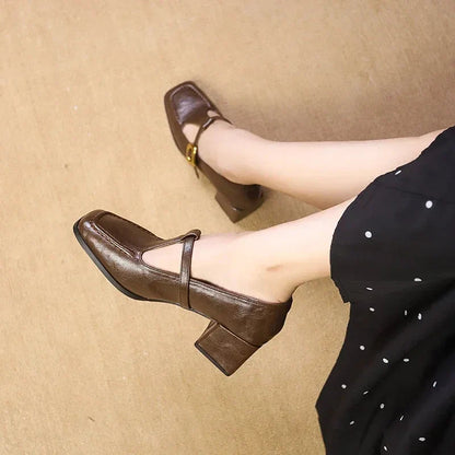 Women's Square Toe Mary Jane Block Heel Gold Buckle — detail view