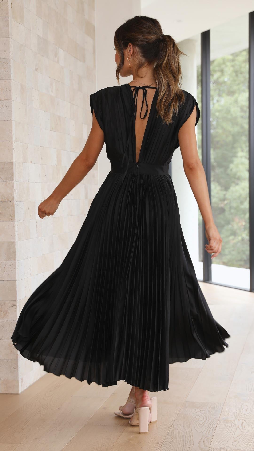 Women's Pleated Formal Evening Maxi Dress — side view