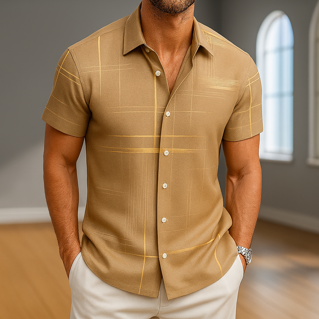 Men's Silk-Blend Grid Print Button-Up Shirt — side view