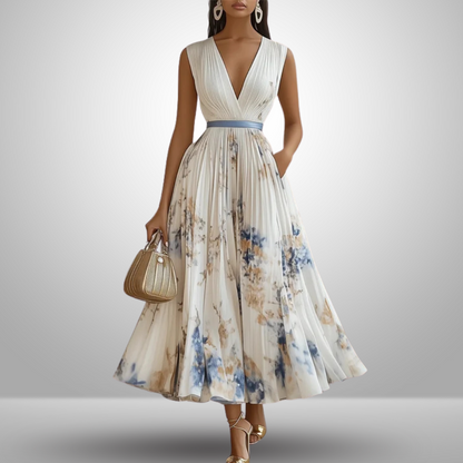 Floral print pleated maxi dress with V-neck and blue waist belt — front view