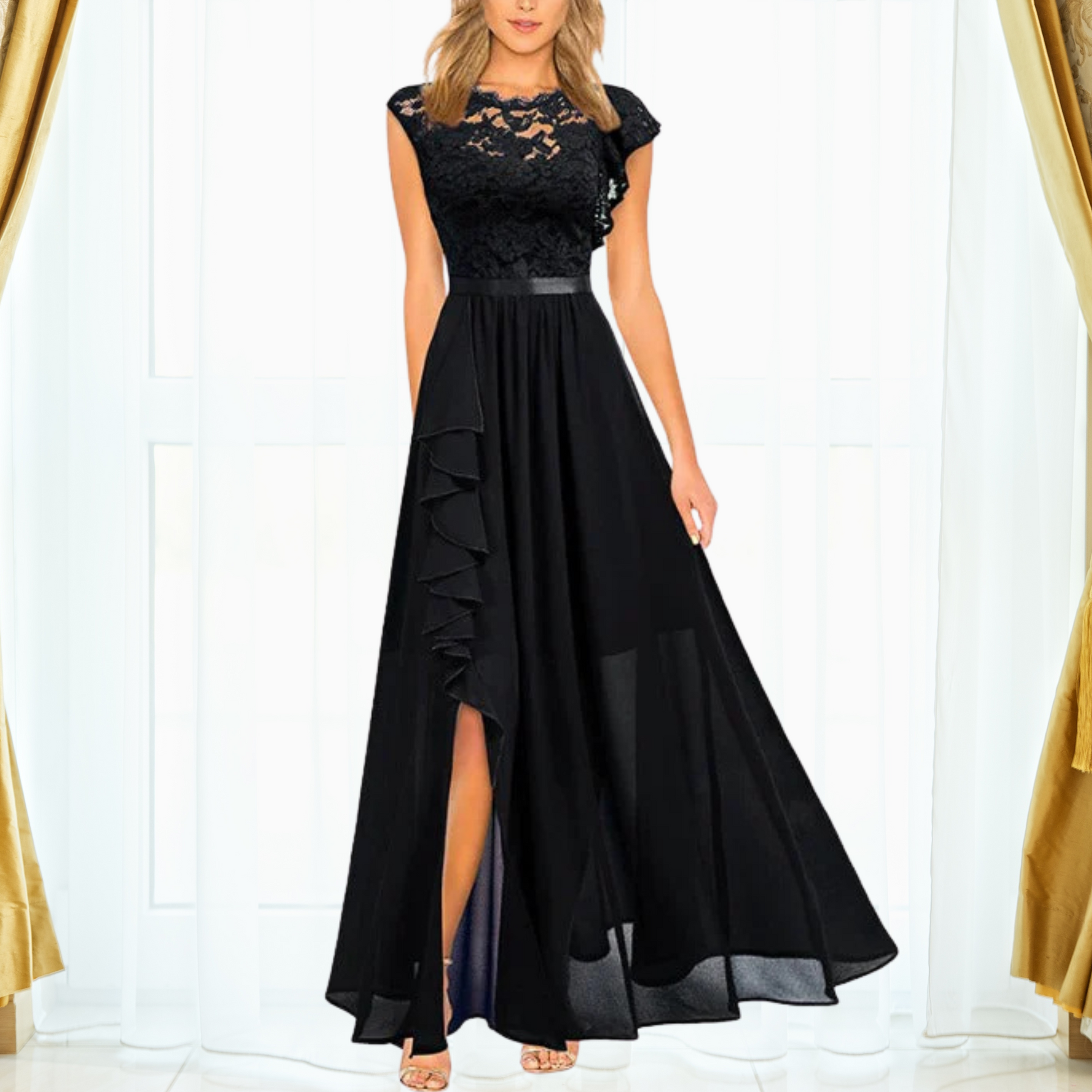 Women's Lace Chiffon Evening Maxi Dress — product view