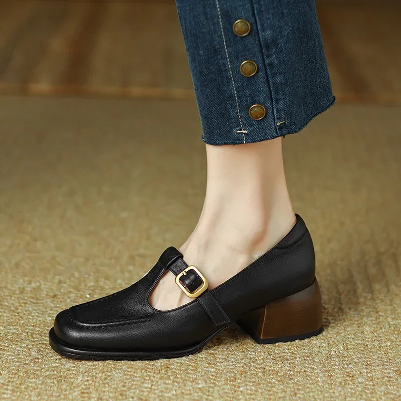 Women's T-Strap Mary Jane Shoes Square Toe Low Block Heel — close-up
