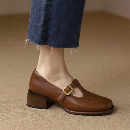 Women's T-Strap Mary Jane Shoes Square Toe Low Block Heel — front view