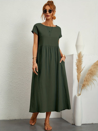 Olive green short sleeve midi dress with gathered waist and pockets — front view