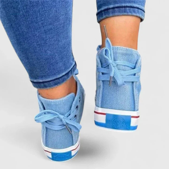 Denim High-Top Lace-Up Zip Sneakers for Women — front view