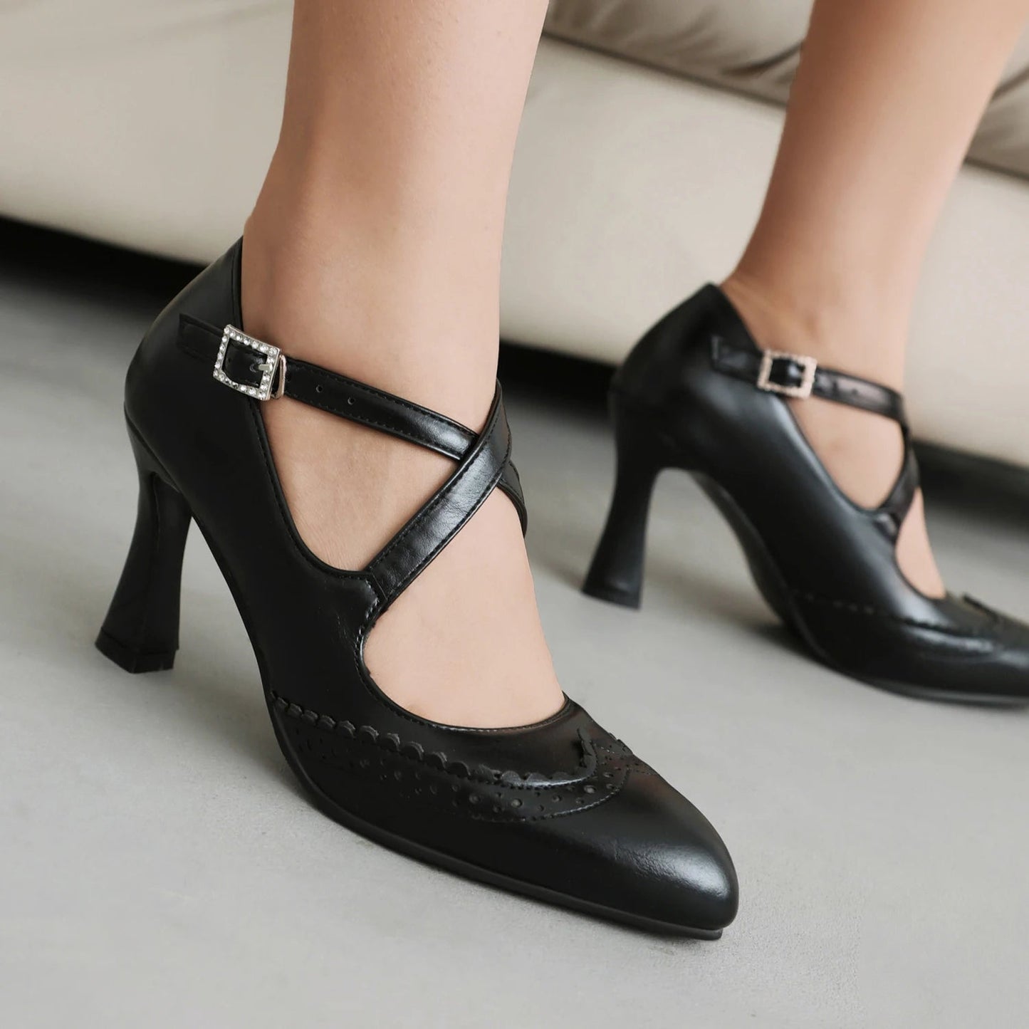 Women's Leather T-Strap Block Heels — product view