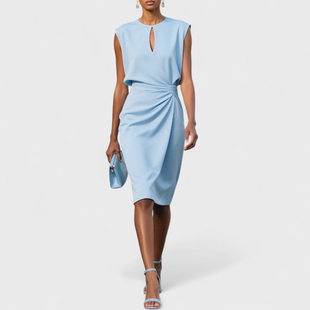 Light blue midi dress with keyhole neckline and gathered waist detail — front view