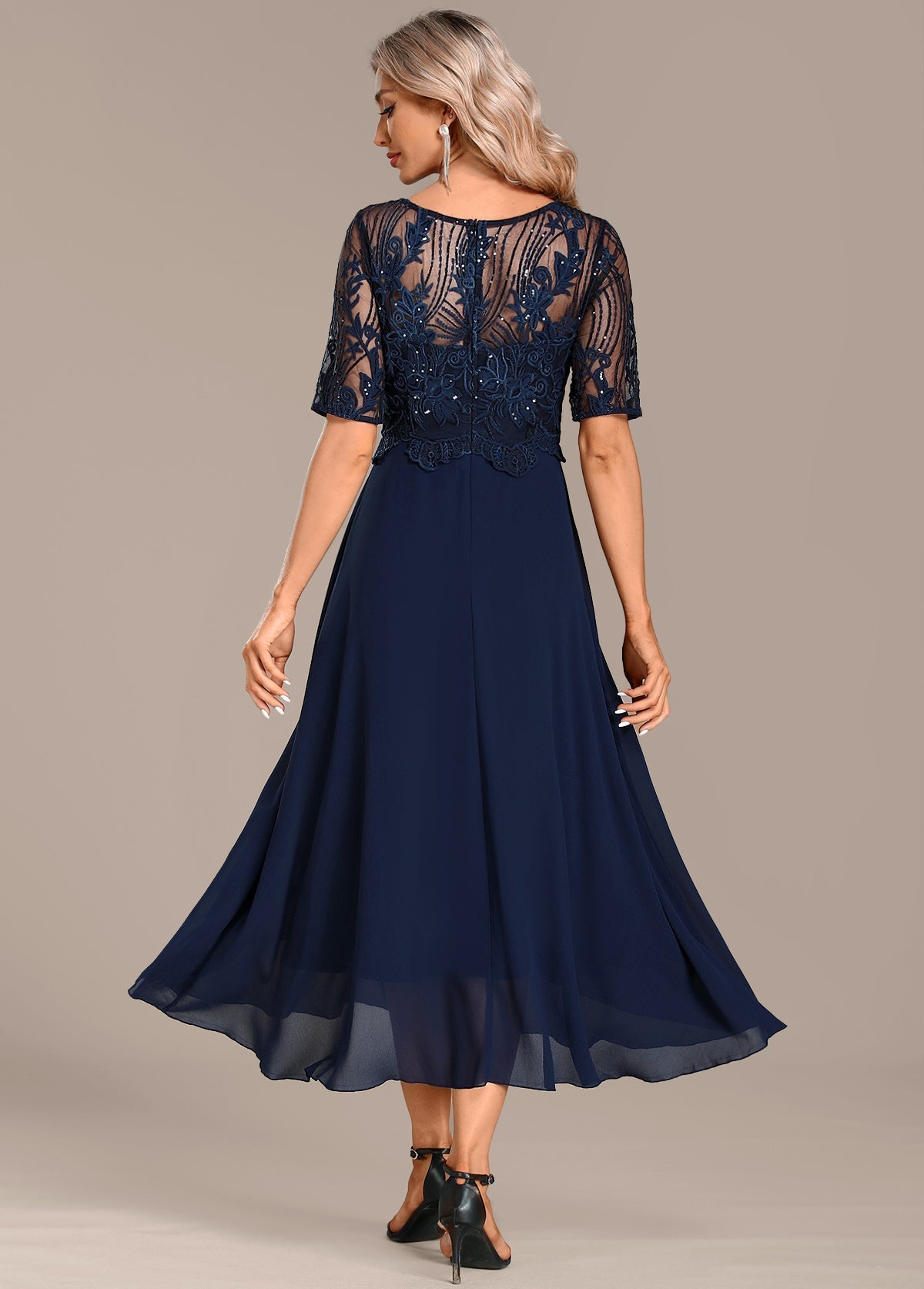 Women's Navy Lace Cocktail Midi Dress — detail view