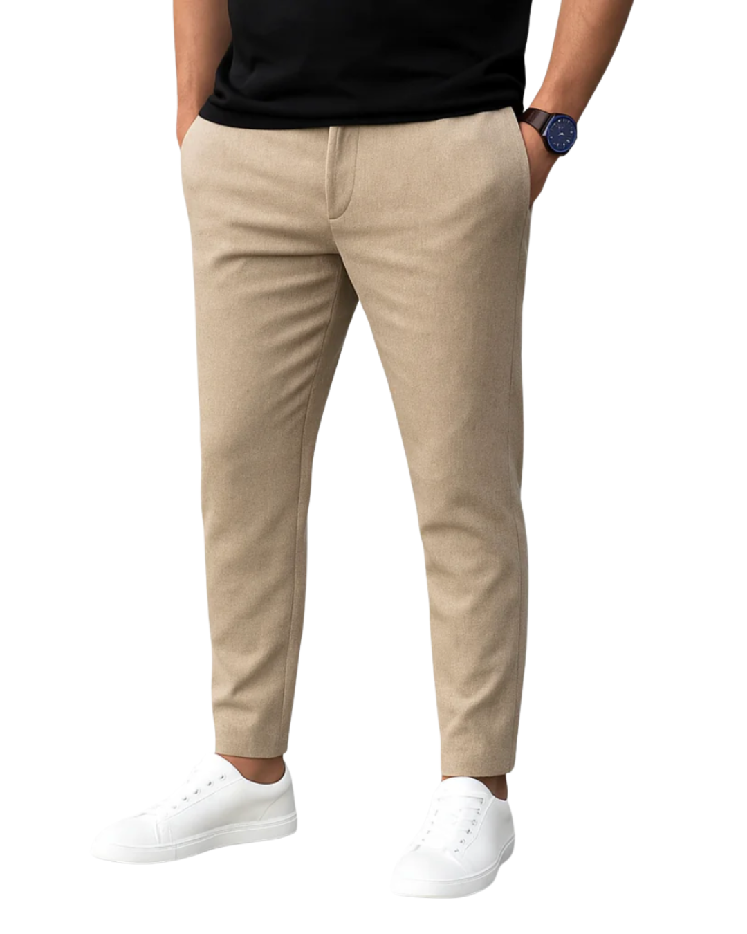 Men's beige slim fit trousers with black shirt and white sneakers — front view