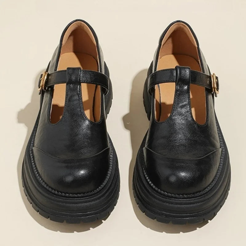 Women's T-Bar Mary Jane Brogue Round Toe Low Heel — close-up