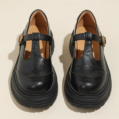 Women's T-Bar Mary Jane Brogue Round Toe Low Heel — close-up