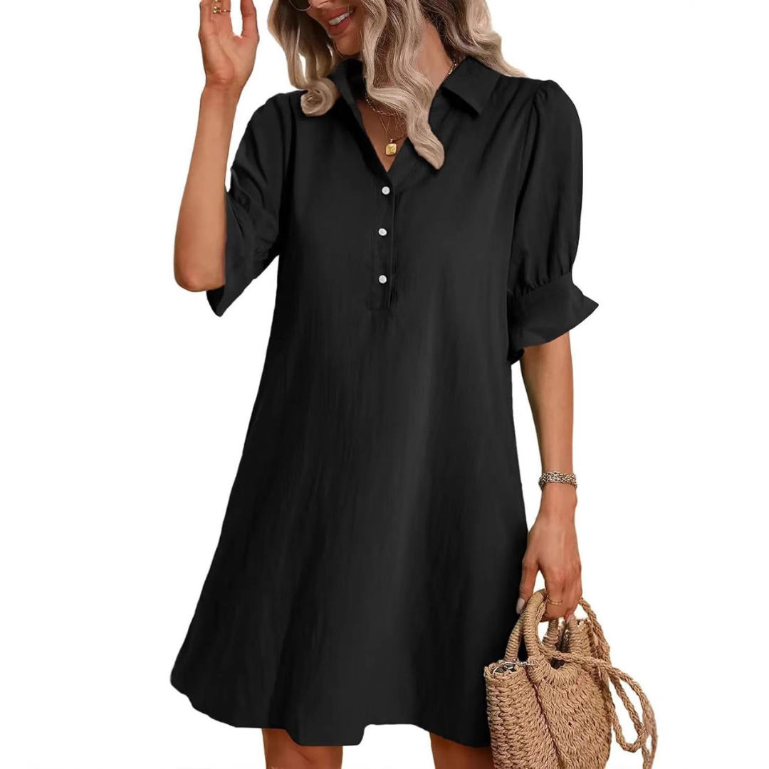 Black collared shirt dress with button front and ruffle sleeves — front view