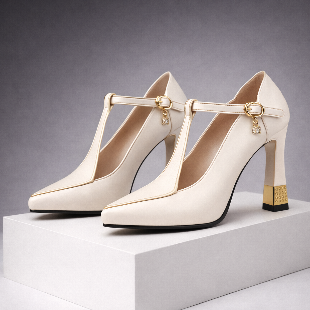 Ivory leather T-strap block heel pumps with gold buckle and charm detail — front three-quarter view