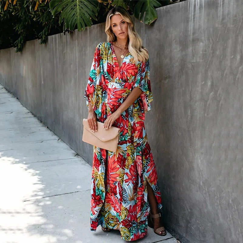 V-Neck Floral Print Wrap Maxi Dress for Women
