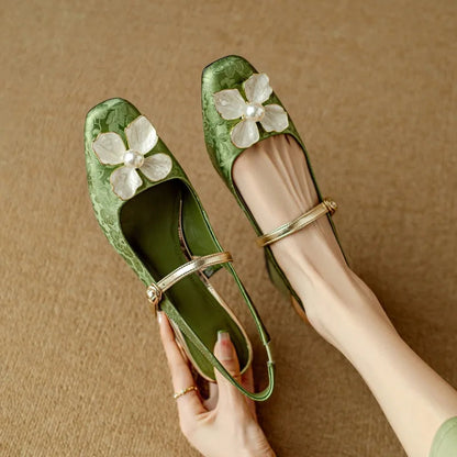 Women's Floral Slingback Square Toe Block Heel Pumps — front view