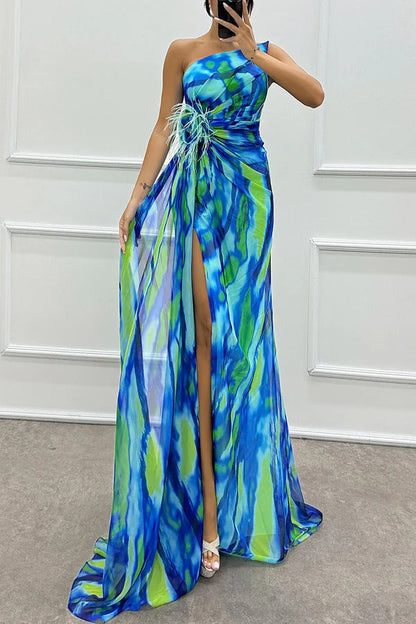 Vibrant blue and green tie-dye one-shoulder maxi dress with high slit — front view
